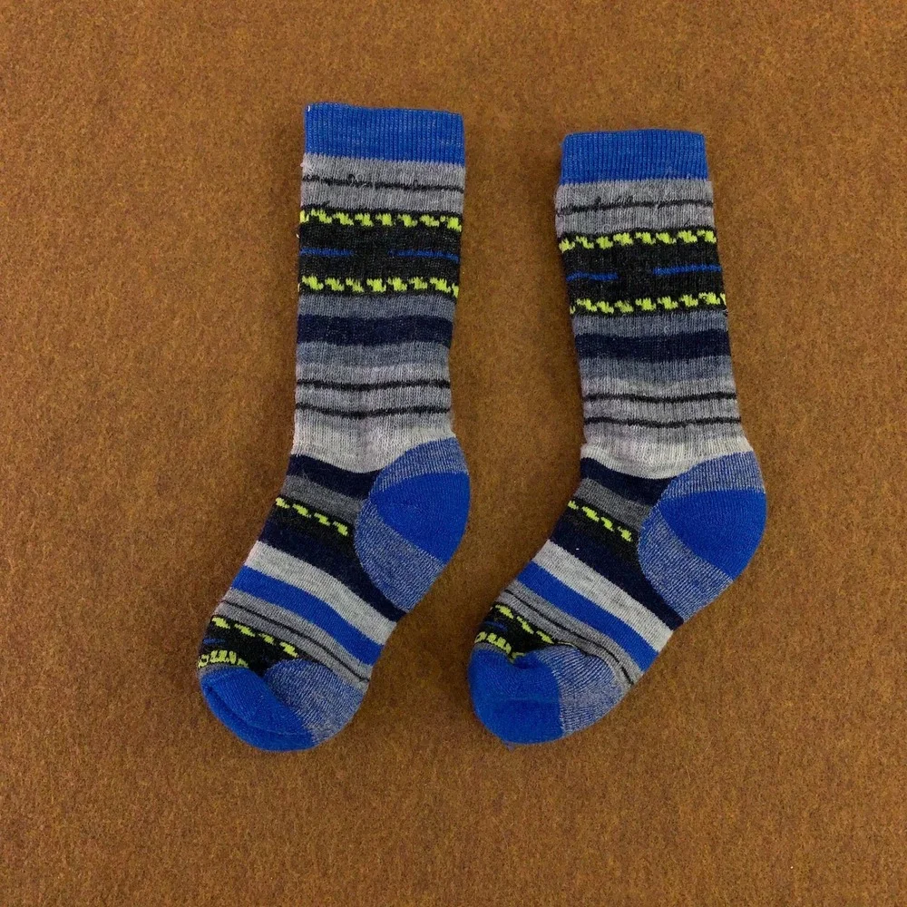 Smartwool Kids Medium Blue Striped Merino Wool Blend Crew Socks New